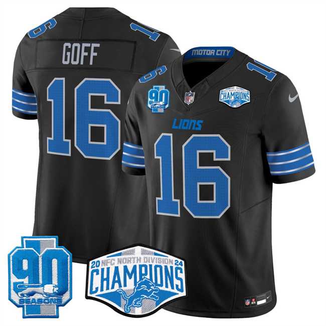 Men's Detroit Lions #16 Jared Goff Black 2024 NFC North Champions 90th Anniversary Patch F.U.S.E. Vapor Limited Stitched Jersey,We sell and wholesale Men's Detroit Lions #16 Jared Goff Black 2024 NFC North Champions 90th Anniversary Patch F.U.S.E. Vapor Limited Stitched Jersey on line form chian!